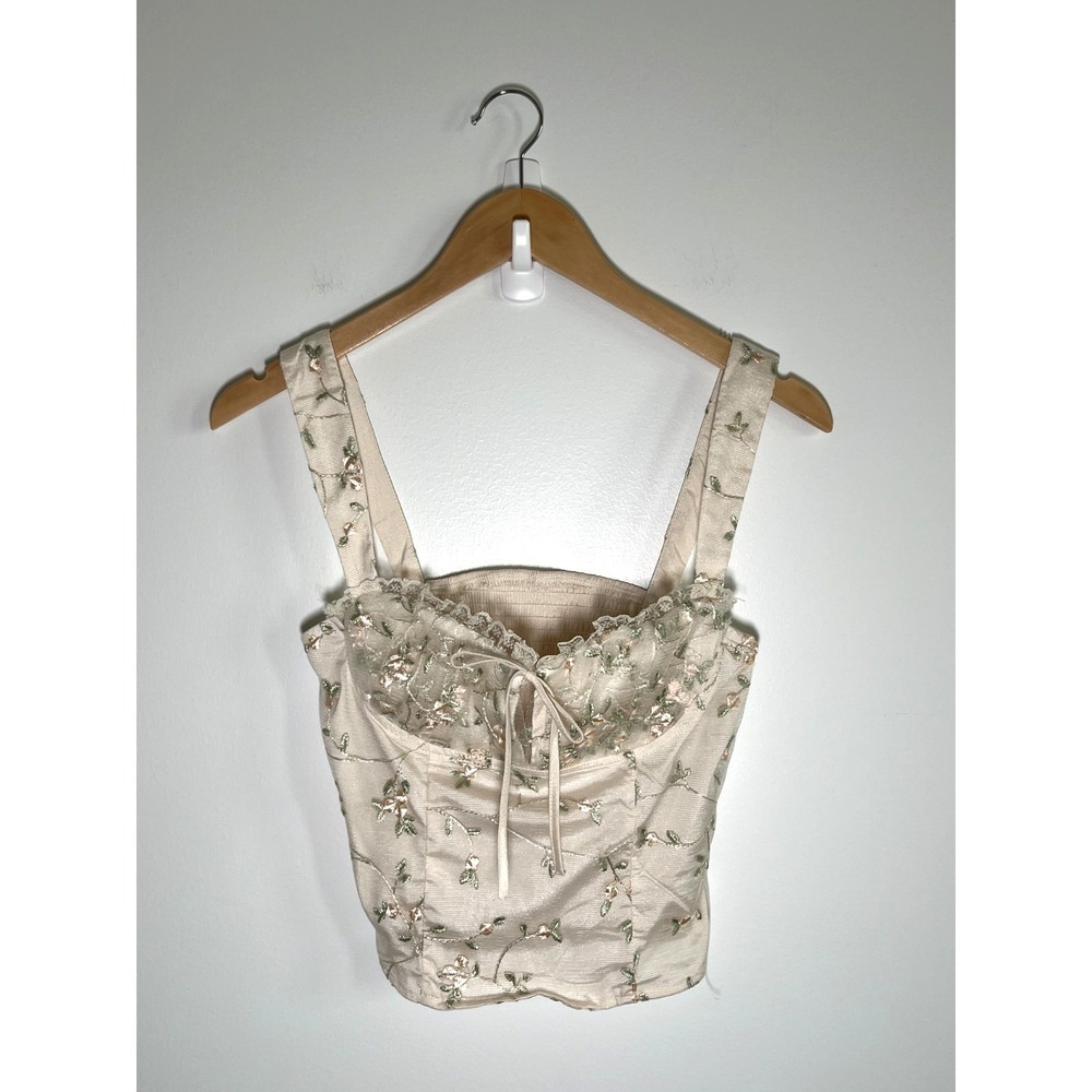 Babydoll Forest Fairy Ren Regency Womens Top Beige S Floral Lace Embroidered Bow